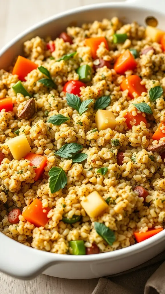 A colorful herbed quinoa and vegetable bake with bell peppers, tomatoes, and herbs.