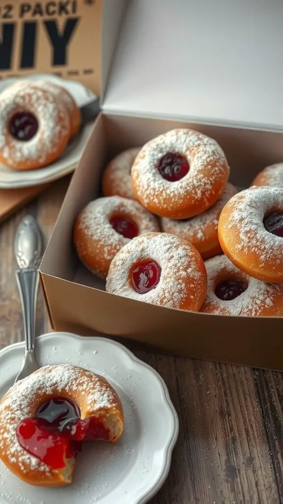 A box of Polish pączki donuts, some with red jam filling, dusted with powdered sugar.