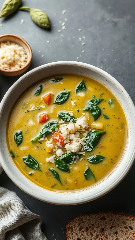A bowl of zucchini and spinach soup garnished with cheese and fresh spinach leaves, with a side of bread.