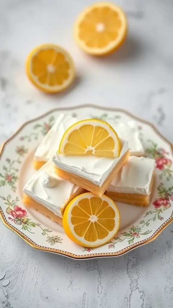A plate of lemon meringue bars garnished with lemon slices.
