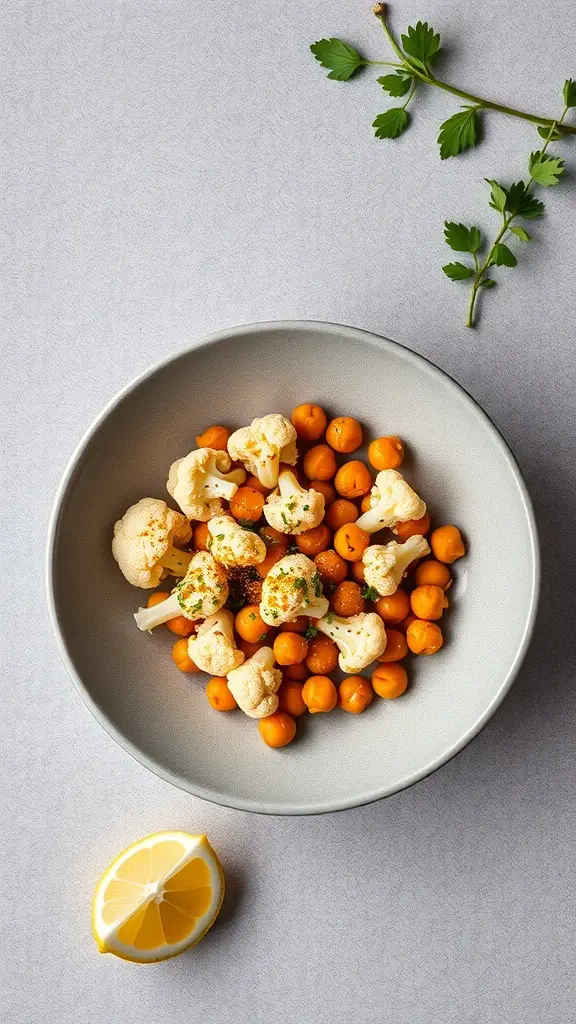 A bowl filled with spiced cauliflower and chickpeas, garnished with herbs and a lemon wedge on the side.