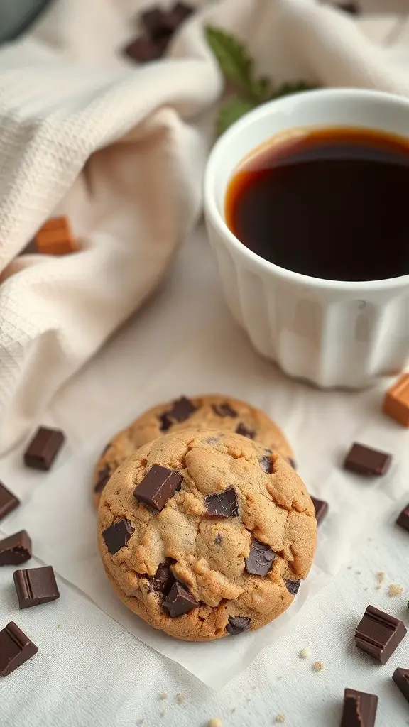 Coffee infused chocolate chunk cookies with a cup of coffee