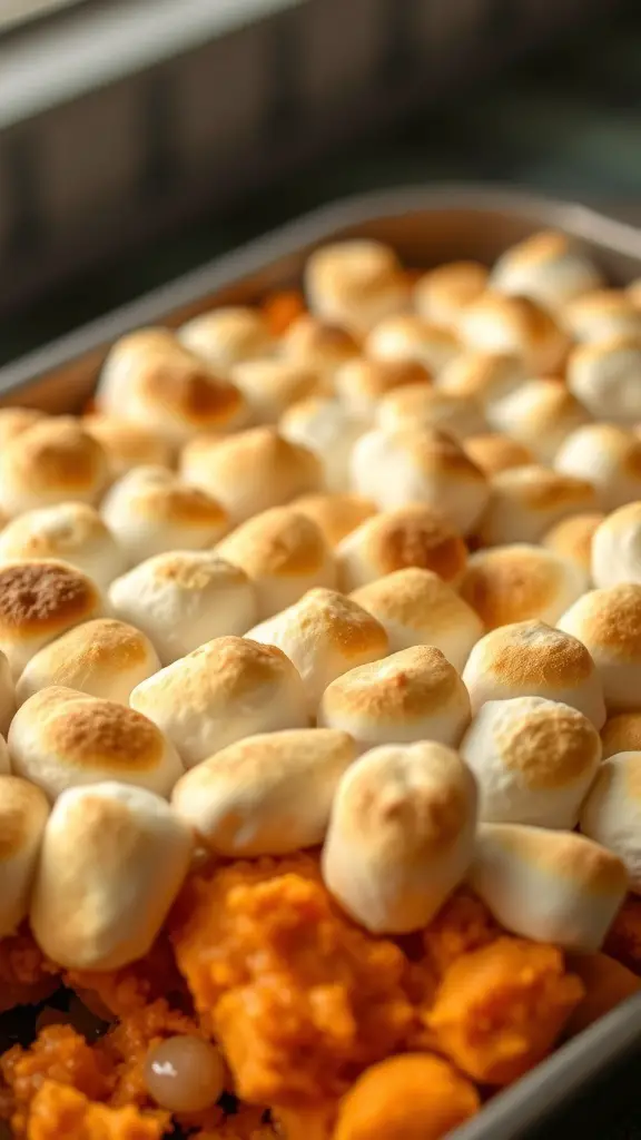 A close-up of sweet potato casserole topped with toasted marshmallows