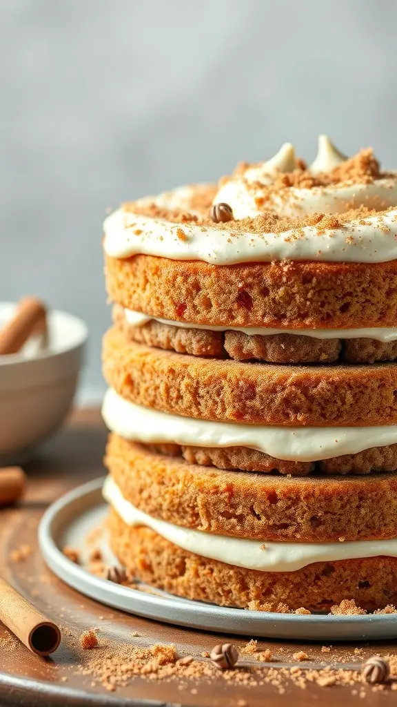 A layered snickerdoodle cake topped with cream cheese frosting and sprinkled with cinnamon.