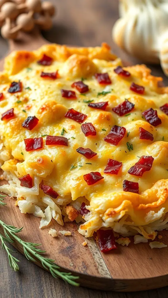 A delicious cabbage, bacon, and cheese casserole on a wooden platter, garnished with herbs.