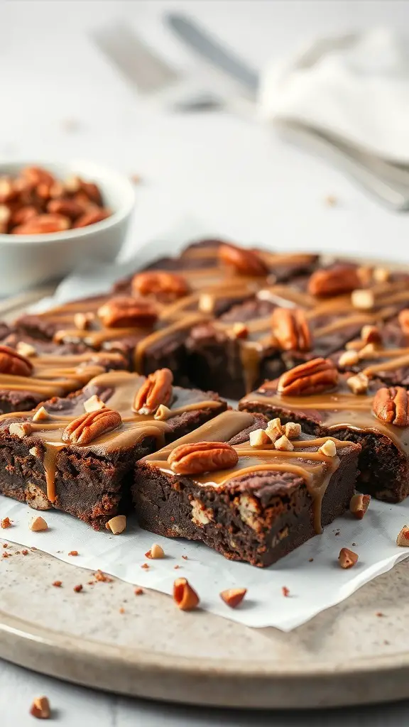 Delicious caramel pecan brownies topped with caramel drizzle and pecans