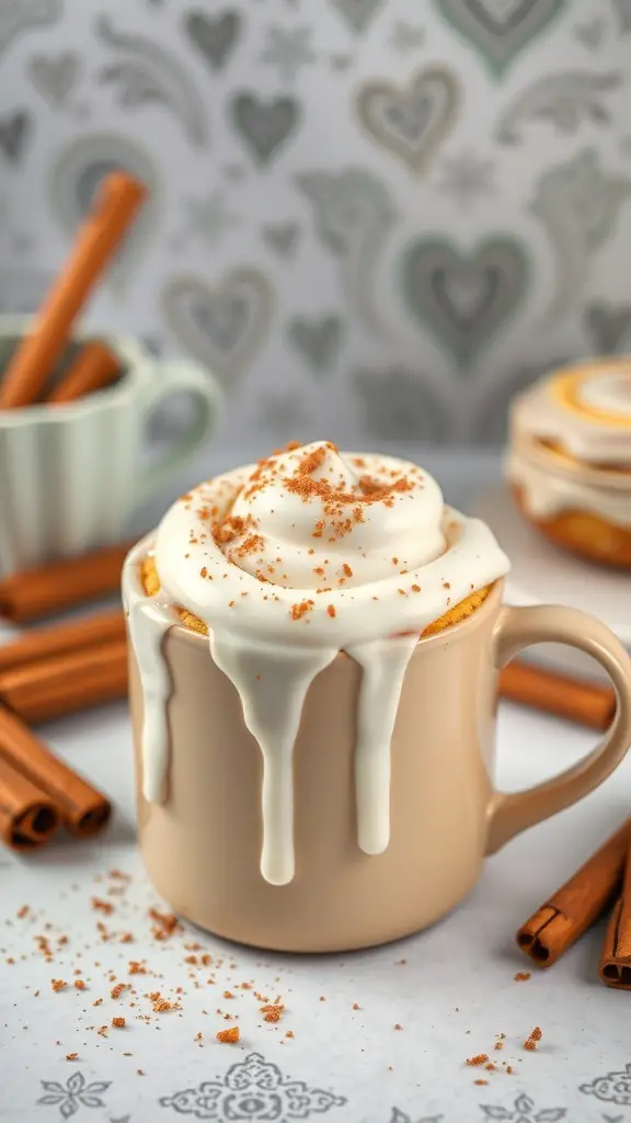 A warm cinnamon roll mug cake topped with frosting and cinnamon, surrounded by cinnamon sticks.