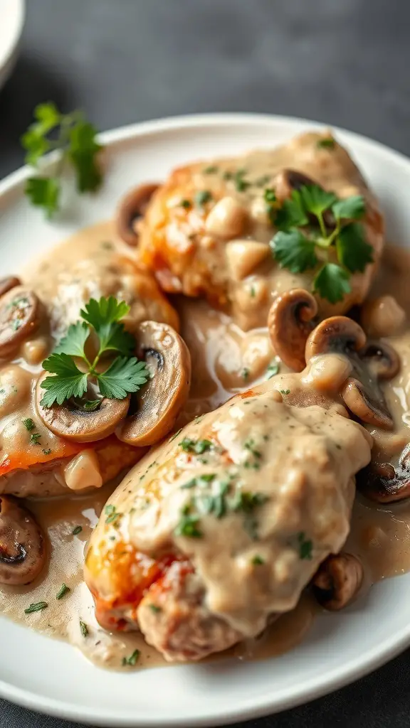 Plate of chicken thighs with creamy mushroom sauce, garnished with parsley