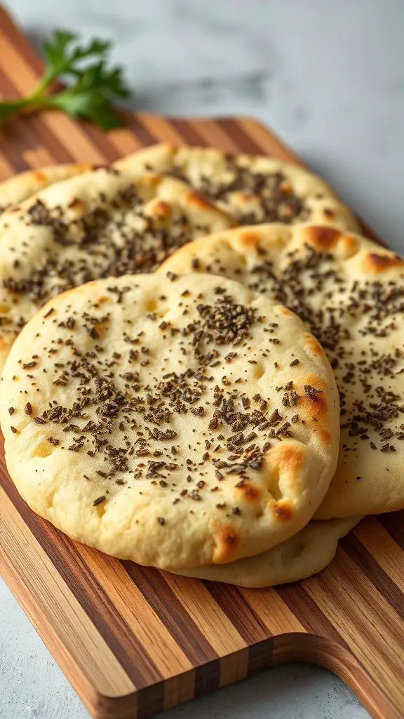 Freshly baked zaatar-spiced flatbreads on a wooden cutting board