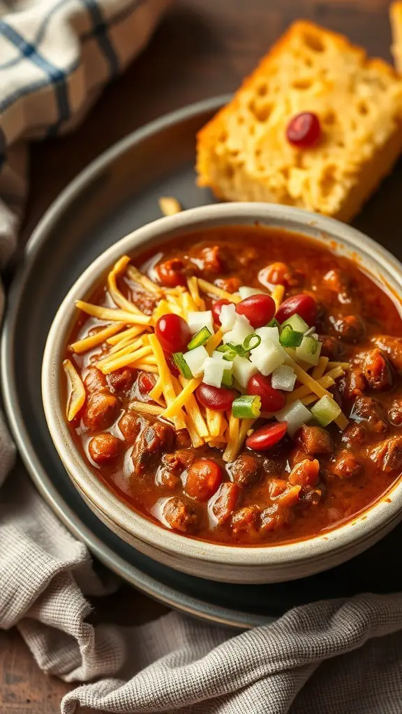 A bowl of chili topped with cheese, onions, and jalapeños, served with a piece of cornbread on the side.