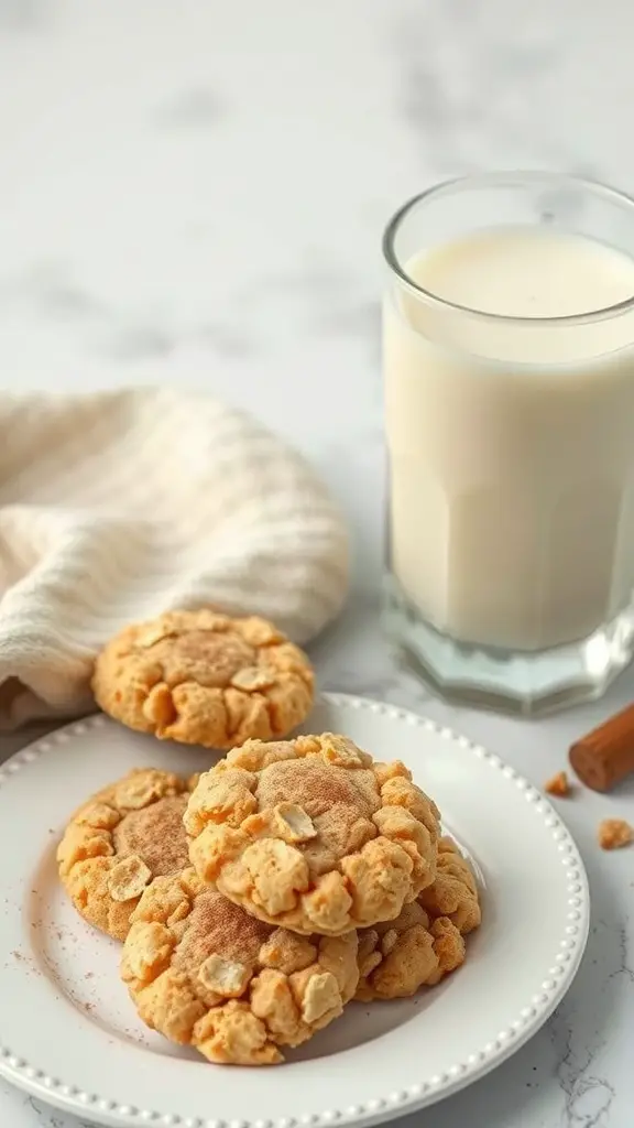 A plate of cinnamon-spiced pork rind cookies next to a glass of milk.