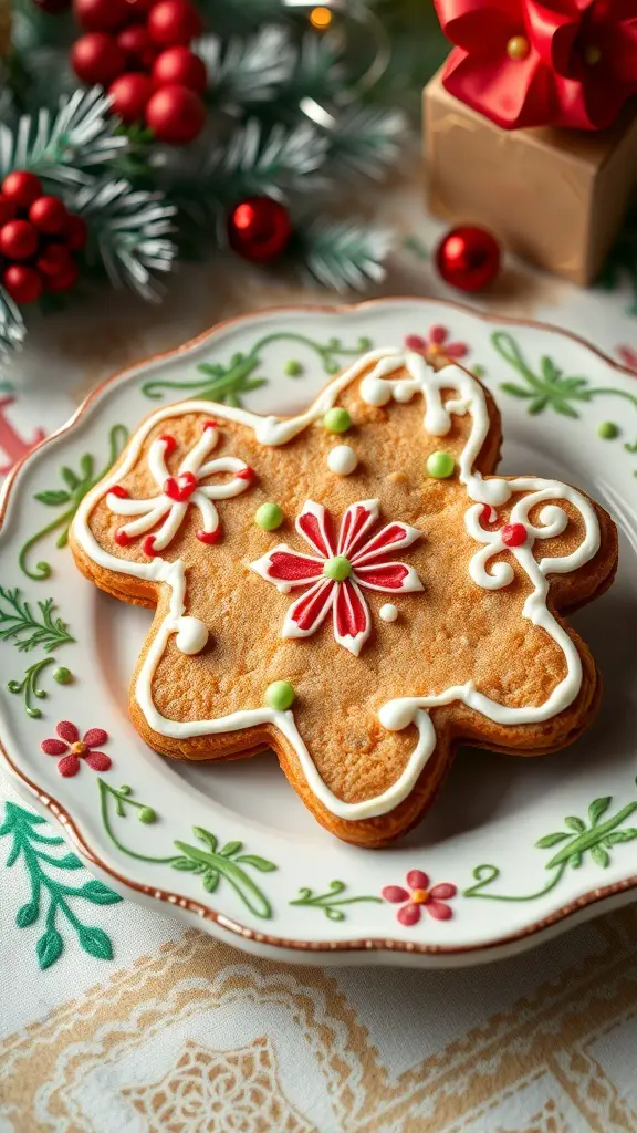 A decorated gingerbread cookie on a festive plate surrounded by holiday decorations.