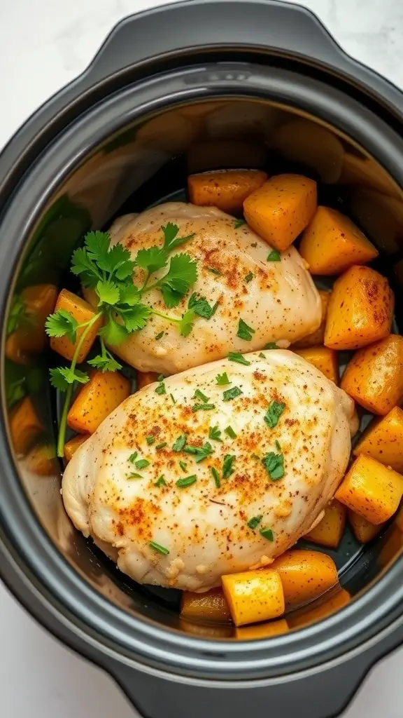Slow cooker garlic parmesan chicken with potatoes and herbs