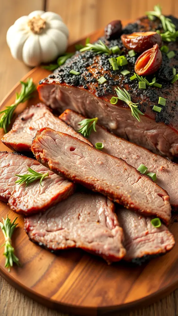 Sliced beef brisket garnished with herbs and garlic on a wooden platter.