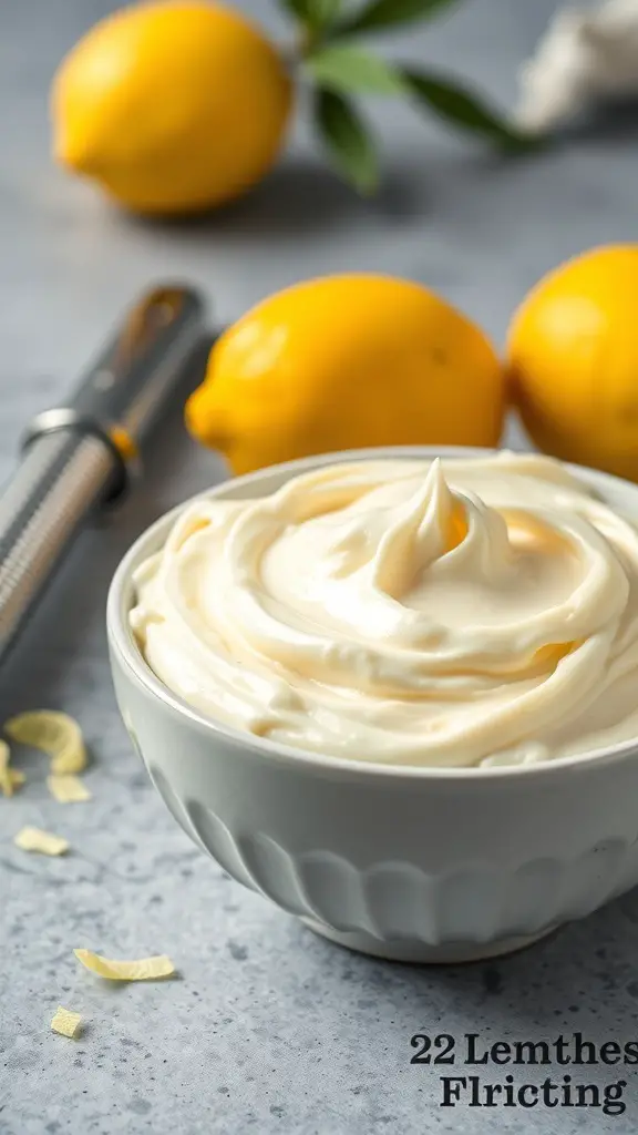 A bowl of creamy lemon frosting with fresh lemons in the background
