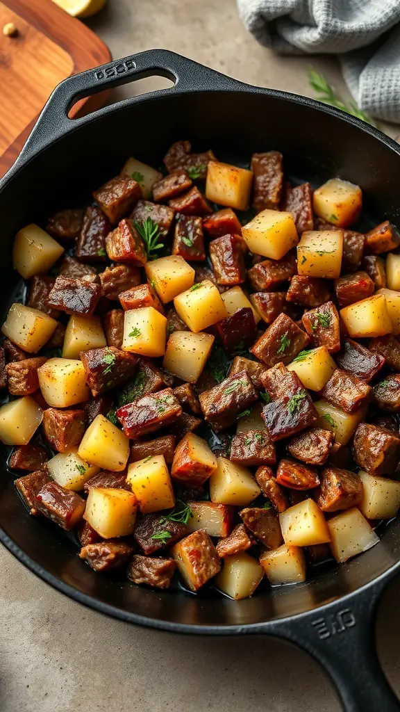A skillet filled with venison breakfast hash, featuring diced potatoes and venison pieces, garnished with fresh herbs.