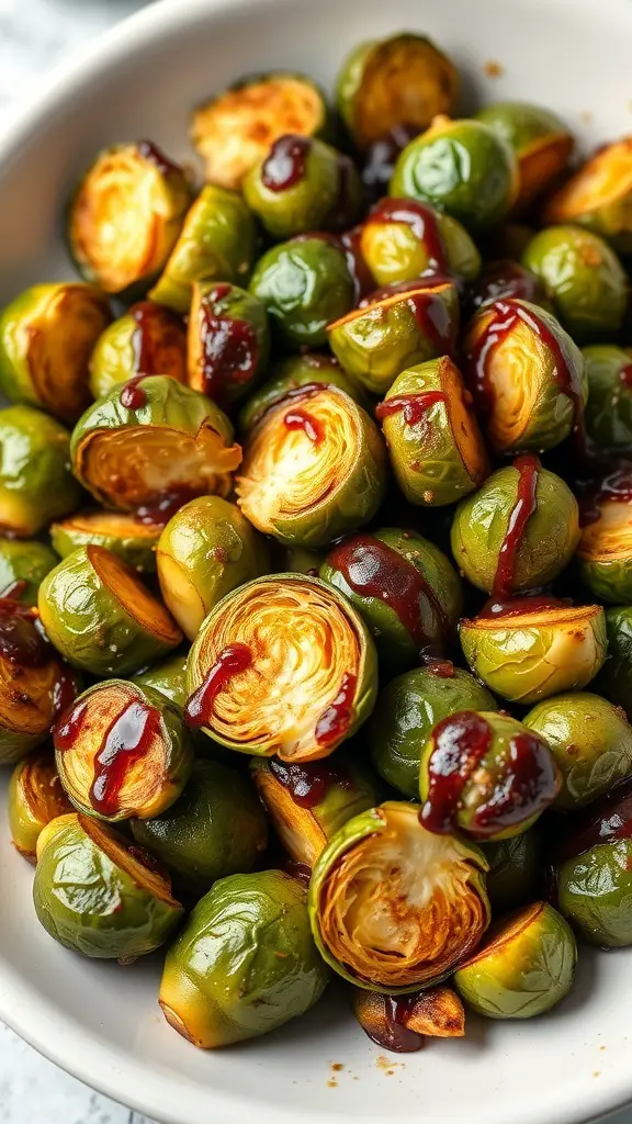 A plate of oven-roasted Brussels sprouts drizzled with balsamic glaze.