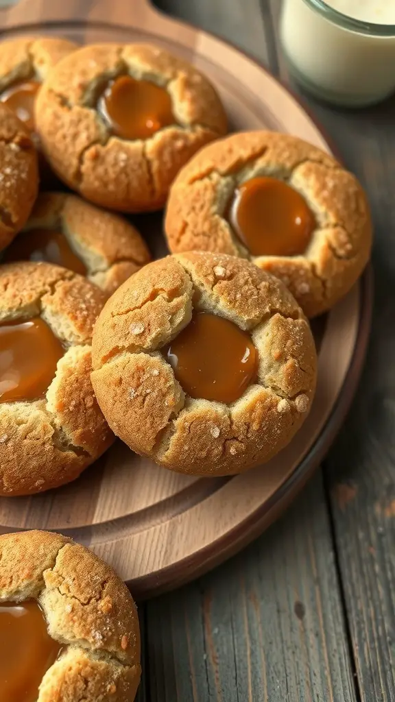 A plate of caramel stuffed snickerdoodle cookies with a gooey caramel center.