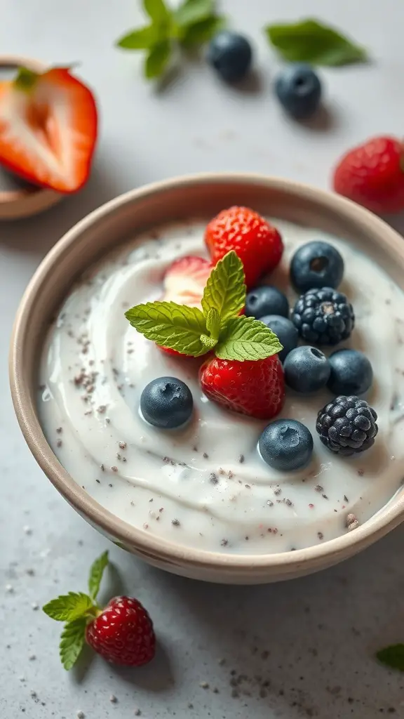 A bowl of coconut chia seed pudding topped with fresh berries and mint leaves.