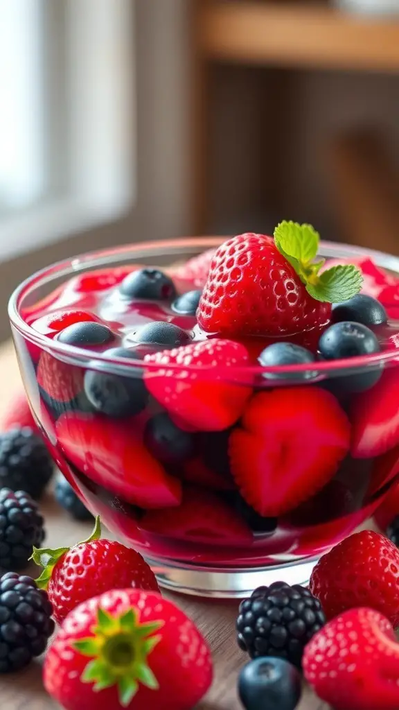 A bowl of Berry Gelatin Delight with strawberries, blueberries, and blackberries.