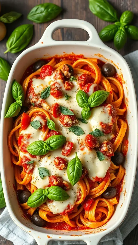 A delicious Eggplant Parmesan Pasta Bake with layers of pasta, tomato sauce, mozzarella cheese, and fresh basil.