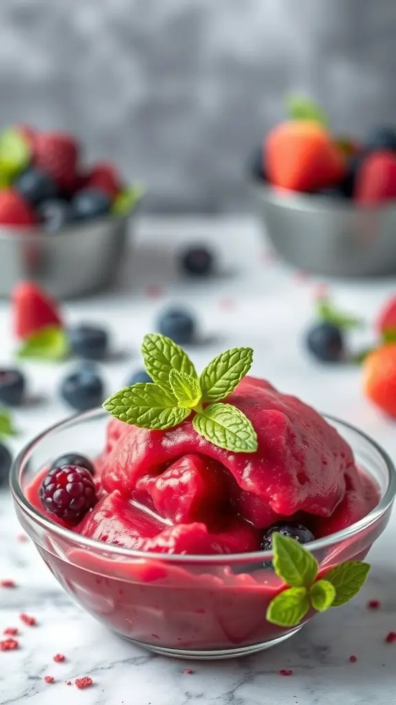 A bowl of berry sorbet topped with mint leaves, surrounded by fresh berries.