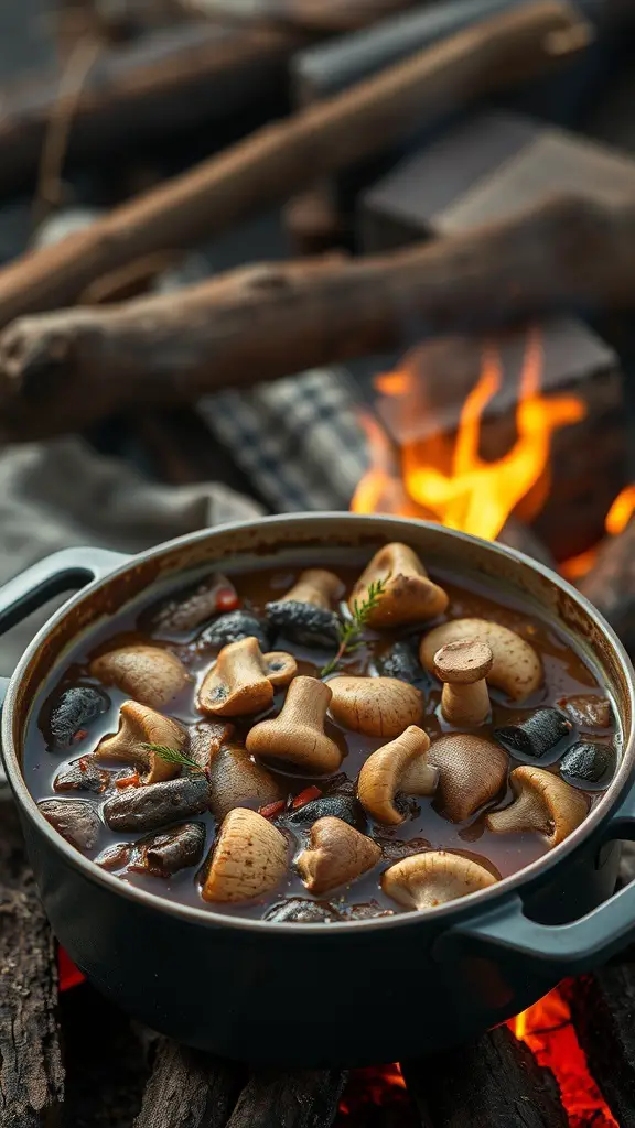 A pot of venison stew with wild mushrooms cooking over an open fire.