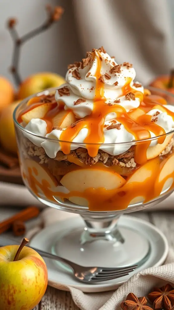 A delicious Caramel Apple Trifle topped with whipped cream and caramel sauce, surrounded by fresh apples and cinnamon sticks.