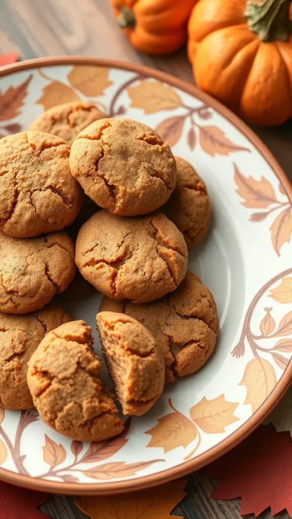 A plate of brown butter cookies with seasonal flavors, surrounded by small pumpkins.