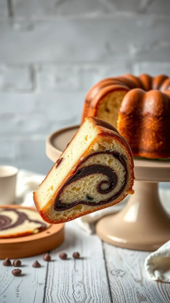 A slice of babka showing its chocolate swirl pattern, with the whole cake in the background.