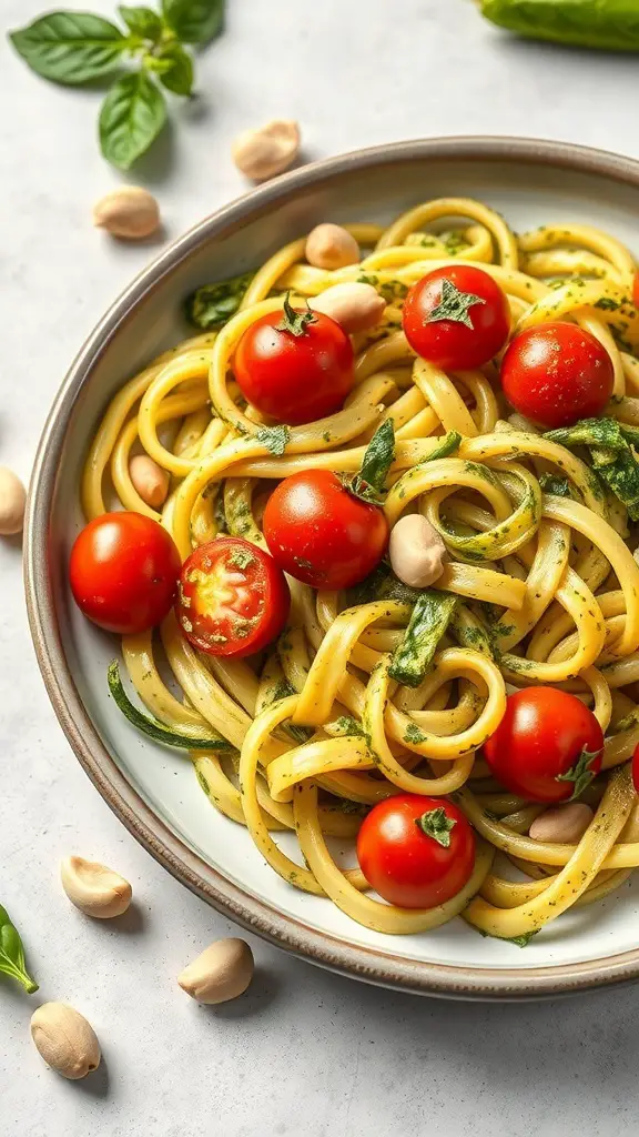 A bowl of zucchini noodles with pesto, topped with cherry tomatoes and garnished with basil.