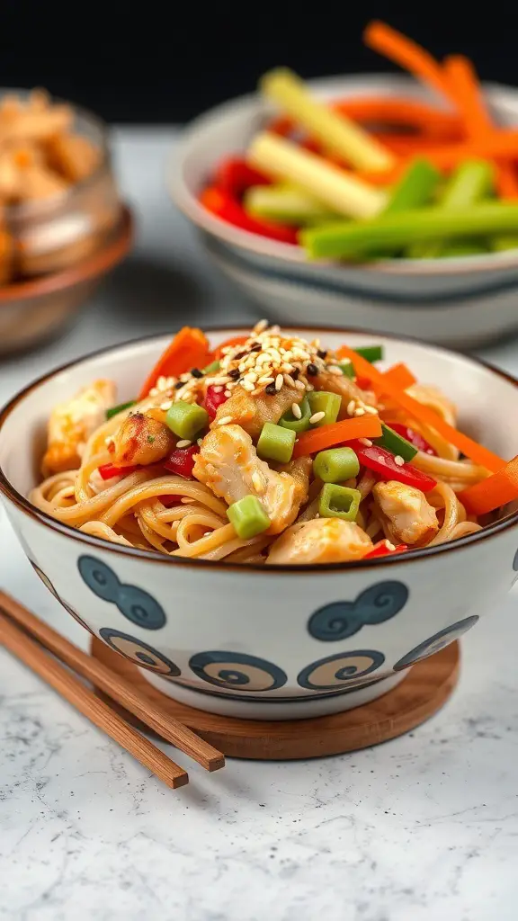 A bowl of Teriyaki Chicken Noodle Bowl with colorful vegetables and noodles
