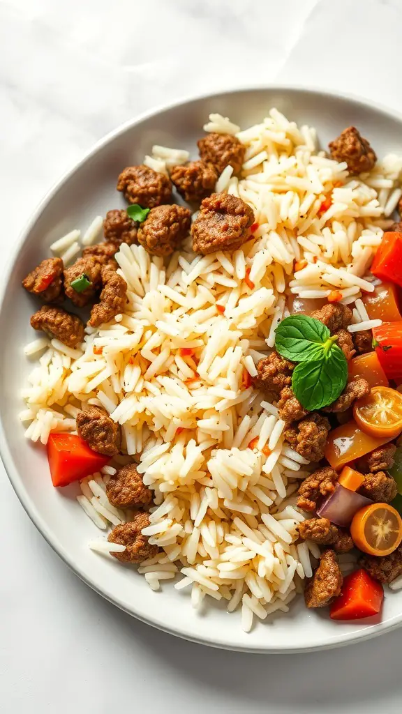 A plate of Mediterranean rice topped with ground beef and colorful vegetables.