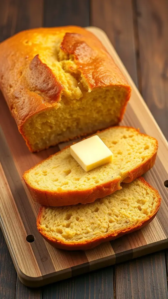 A loaf of cornbread sliced with a pat of butter on top, resting on a wooden cutting board.