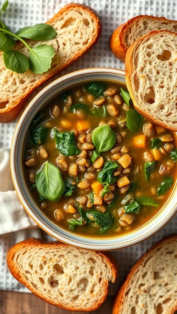 A bowl of lentil soup with spinach, garnished with basil leaves, surrounded by slices of bread.