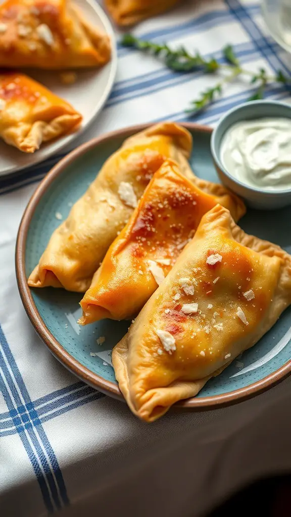 A plate of golden-brown spanakopita triangles with a small bowl of tzatziki sauce on the side.