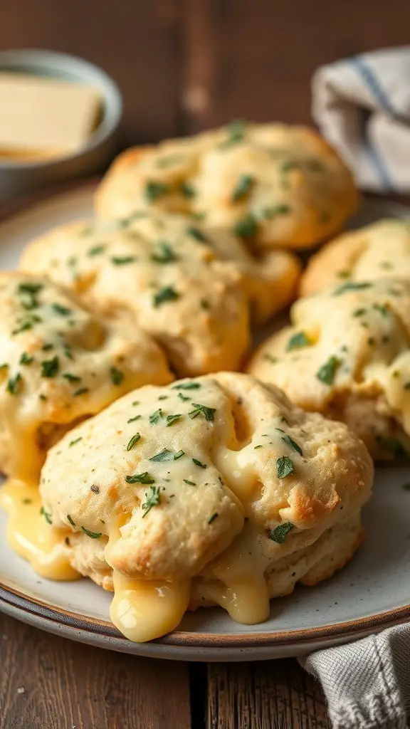 Savory cheese and herb scones on a plate, with melted cheese and herbs visible.