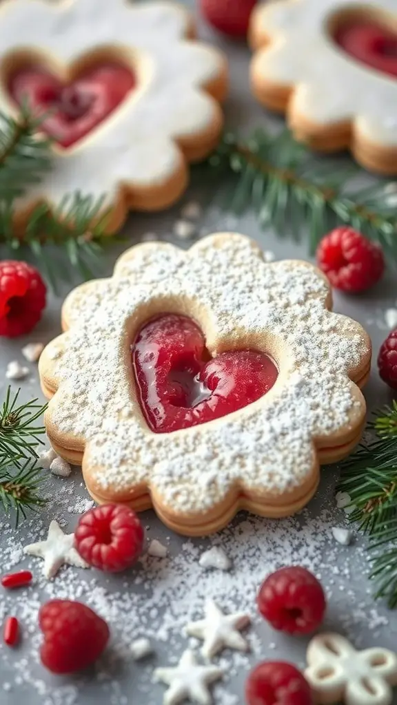 Raspberry Linzer Cookies with heart-shaped cutouts and raspberry filling, surrounded by fresh raspberries and festive decorations.