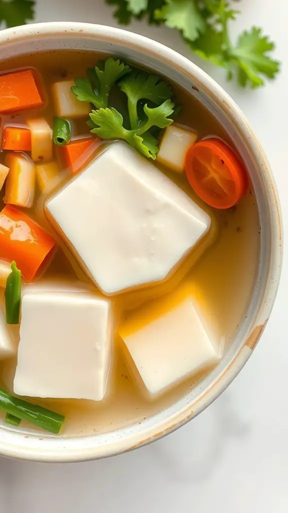 A bowl of silken tofu soup with vegetables and herbs