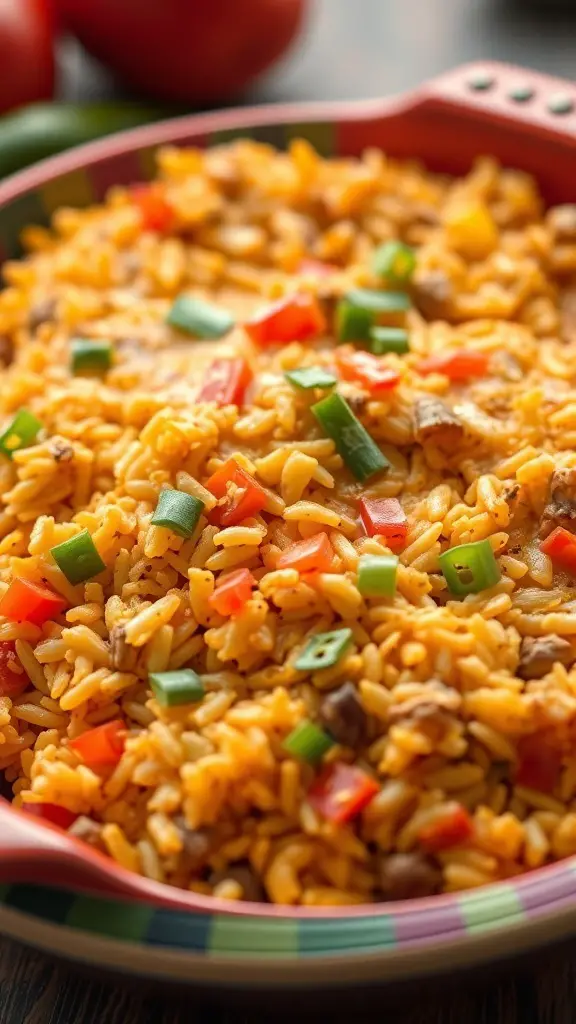A colorful dish of Zesty Mexican Rice Casserole with rice, peppers, and spices.