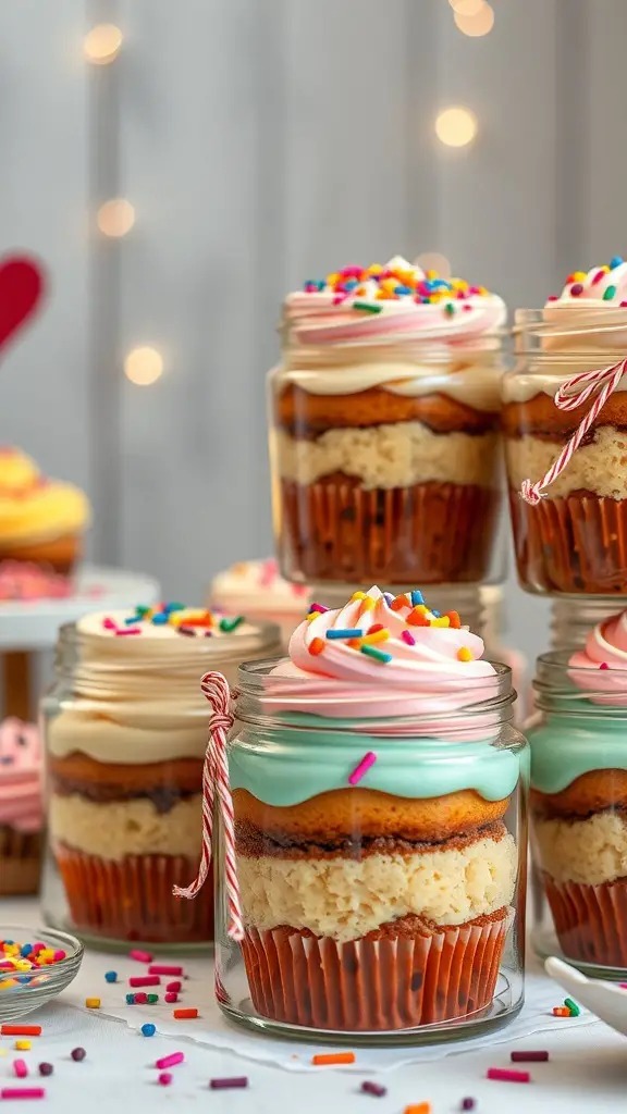 Colorful cupcake jars with layers of cake and frosting, topped with sprinkles.