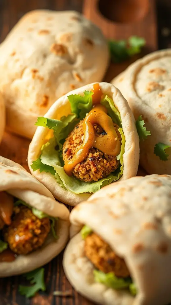 Mini pita pockets filled with falafel, lettuce, and sauce