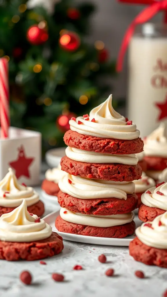 A stack of red velvet cookies topped with cream cheese frosting, surrounded by festive decorations.