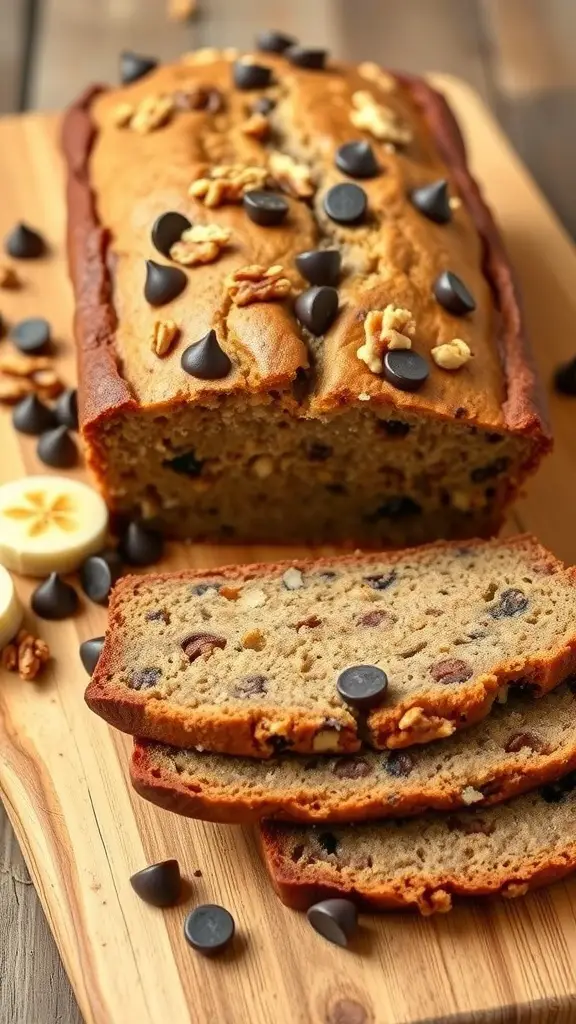 A loaf of banana bread with walnuts and chocolate chips, sliced and displayed on a wooden board.