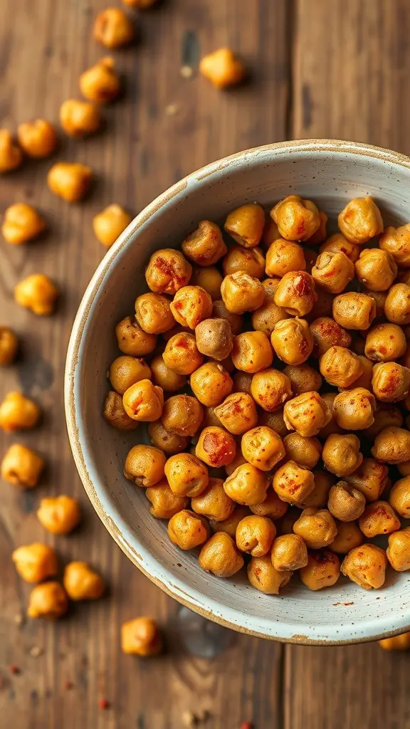 A bowl of roasted chickpeas seasoned with spices, placed on a wooden table.