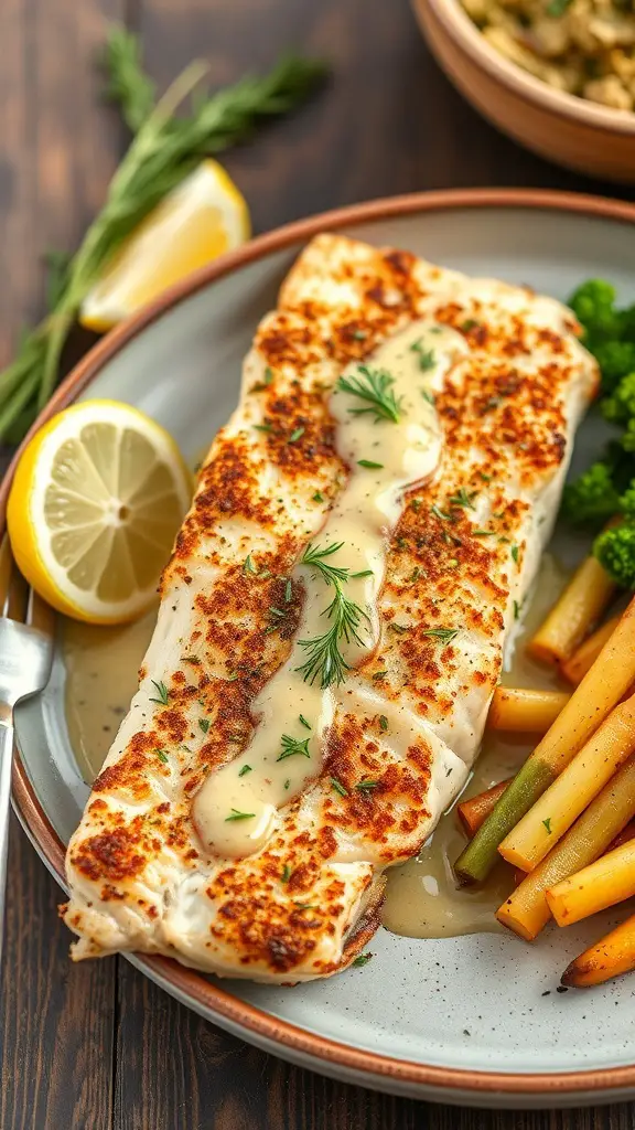 A plate of herb-crusted tilapia with lemon dill sauce, served with colorful vegetables and a slice of lemon.