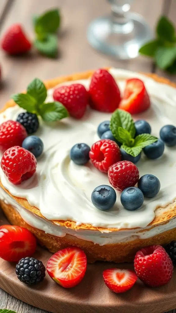 A delicious Greek yogurt cheesecake topped with fresh berries and mint leaves.