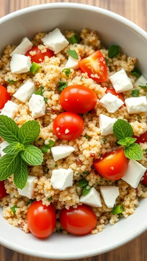 A bowl of quinoa salad with cherry tomatoes, feta cheese, and mint leaves.