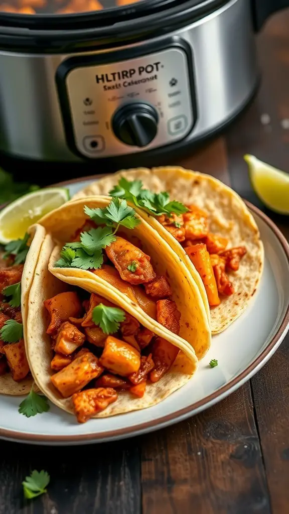 Spicy chipotle chicken tacos served with fresh cilantro and lime, next to a slow cooker.