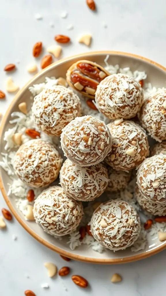 A plate of coconut and date energy balls, coated in shredded coconut and surrounded by nuts.